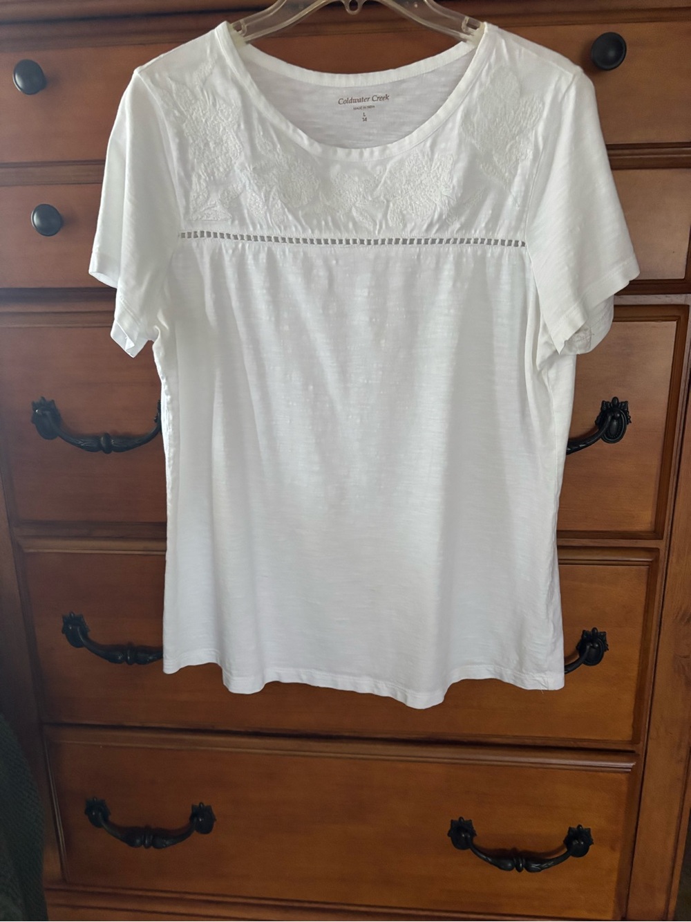 Coldwater Creek White Short Sleeve Eyelet Yoke Tee